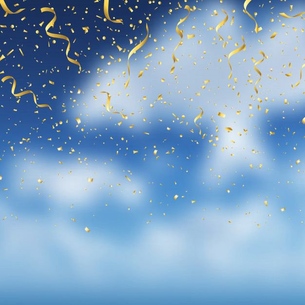 Falling shiny gold confetti and curly party streamers drift over a soft gradient blue sky with wi...