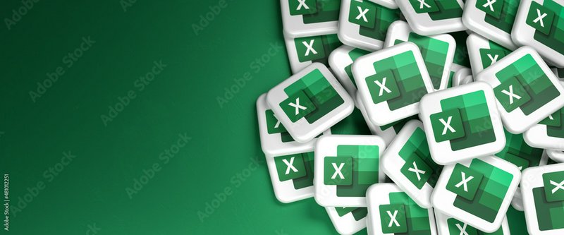 3D rendered cluster of Microsoft Excel app icons on solid green background, blank left-side copy ...