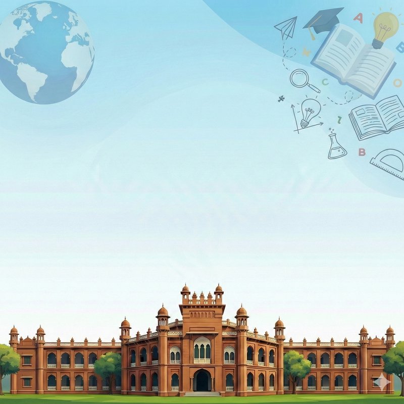 Illustrated historic red brick university campus with education icons and world globe on soft blu...