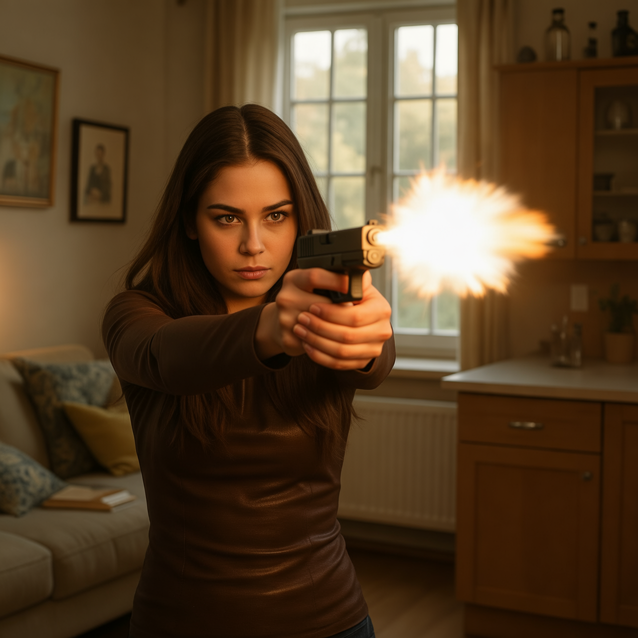 Woman indoors firing a pistol with a bright muzzle flash in a living room.