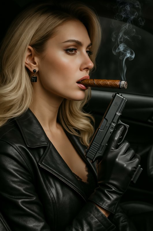 Woman in a black leather jacket smoking a cigar while holding a handgun inside a car.
