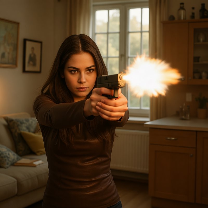 Woman indoors firing a pistol with a bright muzzle flash in a living room.