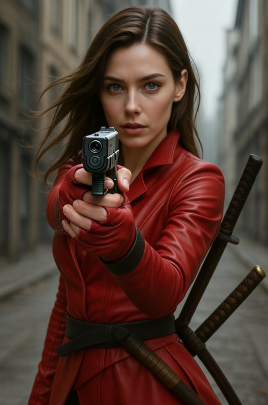 Woman in red leather jacket aiming a pistol in a narrow urban alley, swords strapped to her back.