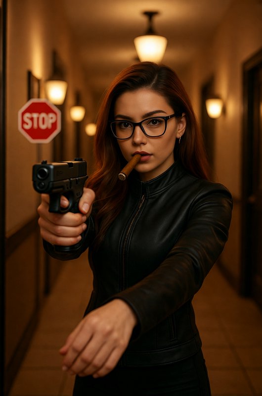 Woman in a leather jacket aims a handgun in a dim hallway, cigar in her mouth, stop sign in the b...