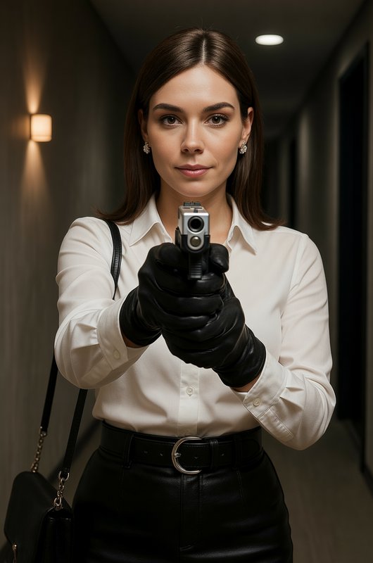 Woman in white blouse and black gloves points a handgun at the camera in a dim hallway.