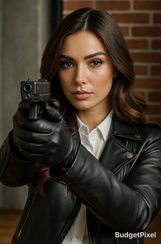 Woman in a black leather jacket points a handgun toward the camera in an urban indoor setting.
