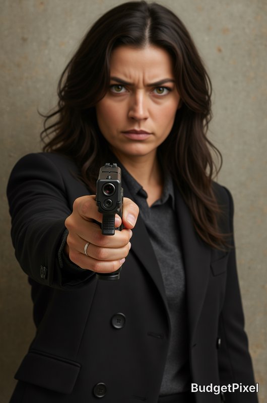 Woman in a black blazer points a handgun directly at the camera with a stern, intense expression.