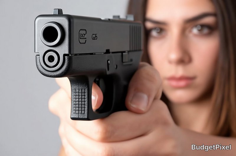 Close-up of a handgun aimed at the viewer, held by a focused woman.