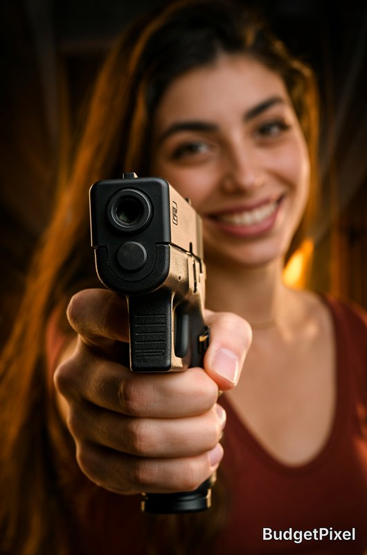 Woman smiling while pointing a handgun toward the camera.