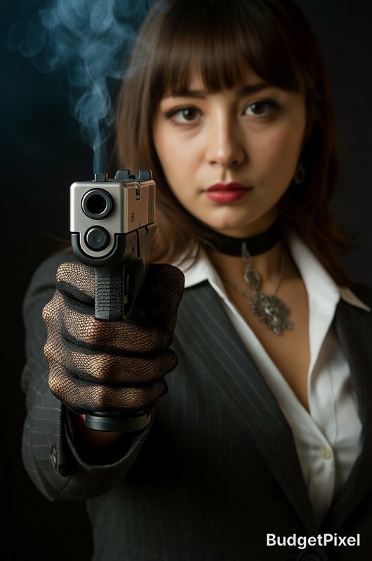 Woman in a pinstripe suit points a handgun at the camera, wearing fishnet gloves with smoke rising.