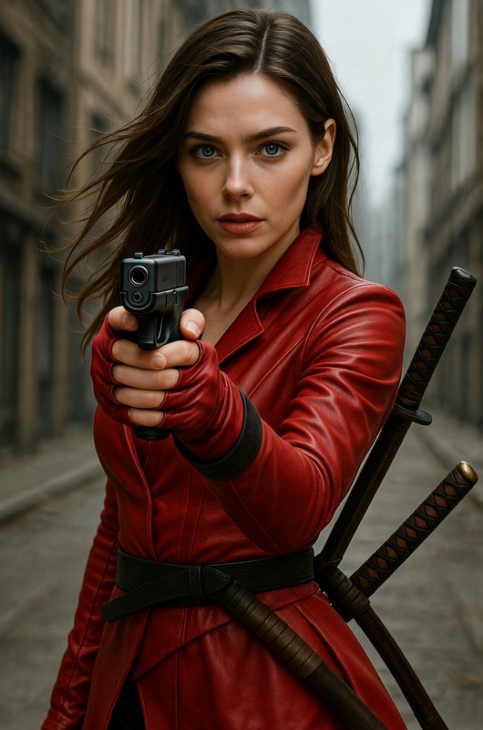 Woman in red leather coat points a handgun directly at the viewer, katanas strapped to her back o...
