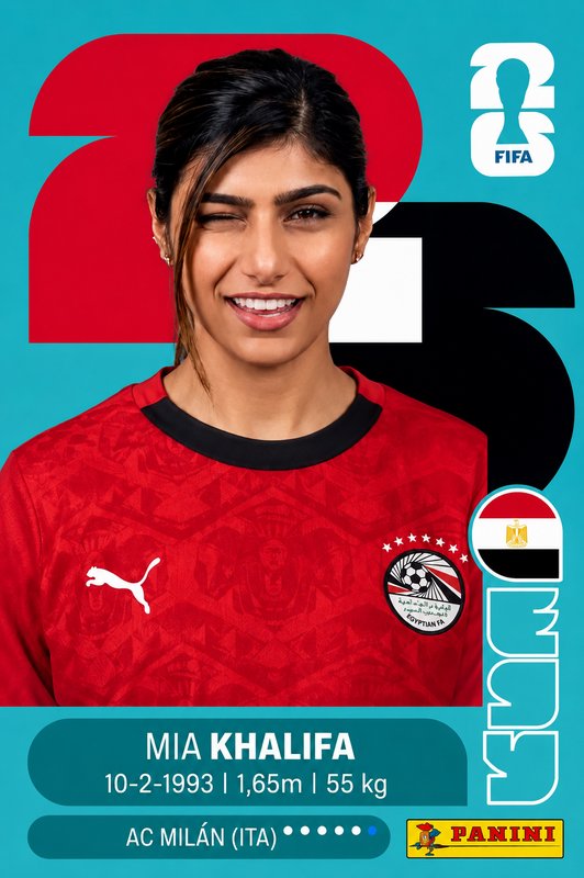 Panini FIFA trading card portrait of Mia Khalifa winking, wearing Egypt women's national red foot...
