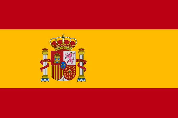 Official national flag of Spain, featuring horizontal red and yellow stripes with the detailed Sp...