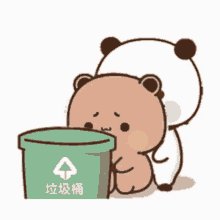 Cute chibi brown bear looks sadly into a green trash bin, with a panda standing supportively behi...