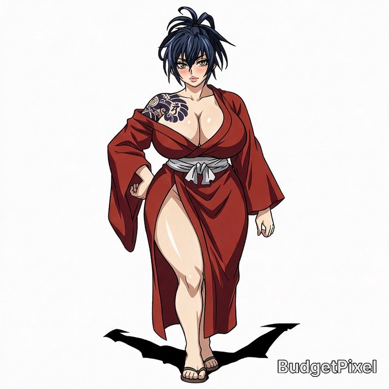 Anime illustration of a curvy female character with dark blue hair, red kimono, and shoulder tatt...