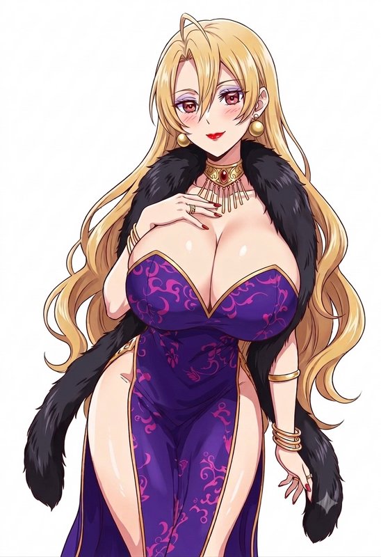 Anime illustration of elegant long blonde woman in purple evening gown with black fur stole and g...