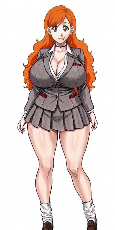 Full body anime illustration of long wavy orange haired Orihime Inoue wearing a grey school unifo...