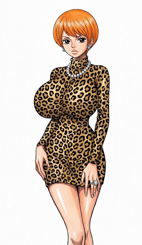 One Piece style anime woman with short orange hair, form-fitting leopard print dress, pearl jewel...