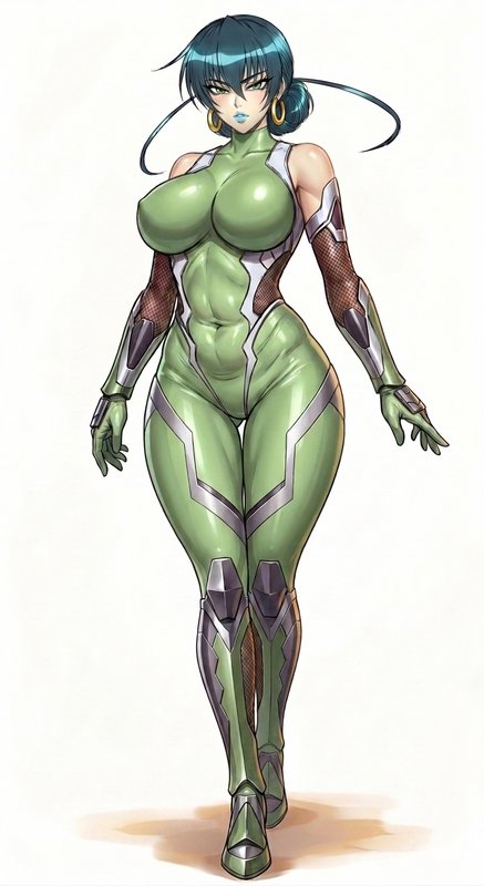 Anime illustration of a curvaceous female combatant in a shiny green tactical bodysuit, teal hair...