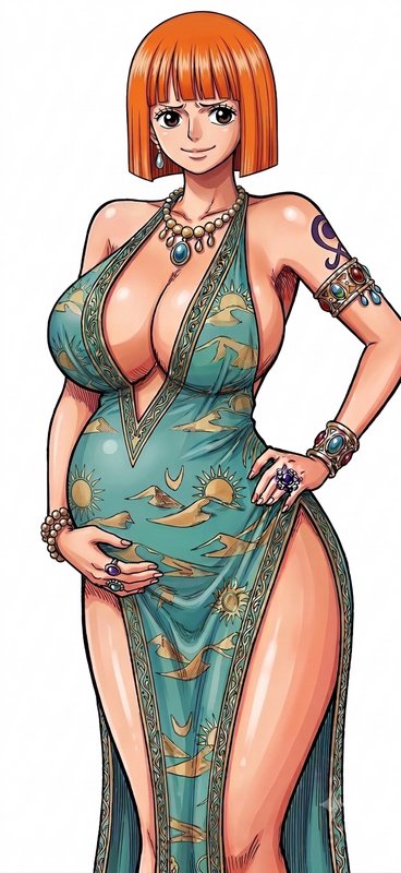 One Piece art style anime pregnant woman with short orange bob hair in an ornate teal patterned g...