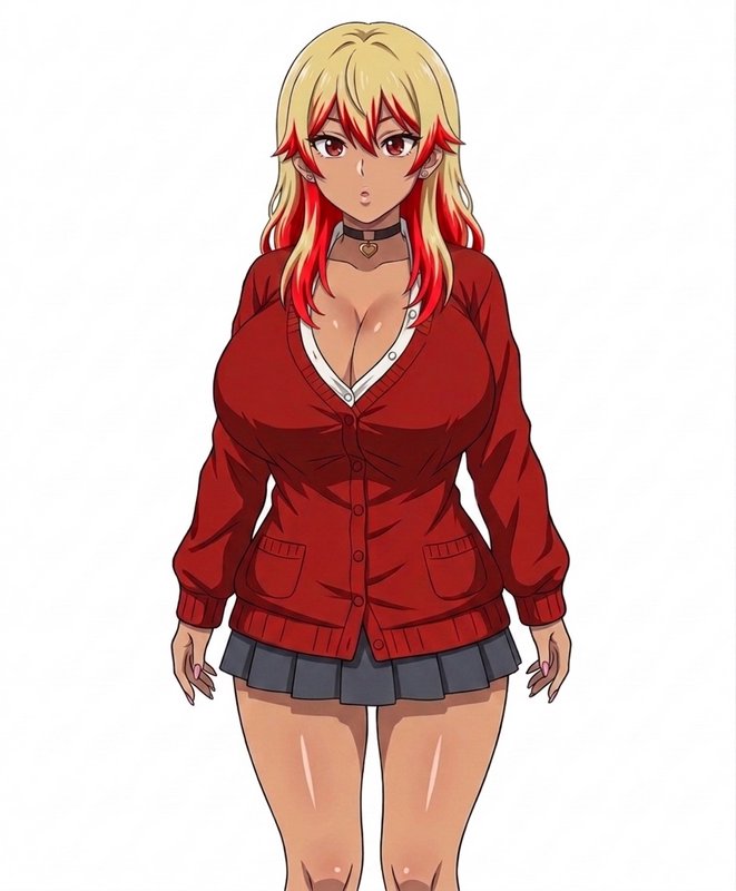 Anime gyaru schoolgirl with ombre blonde-red hair, tan skin, red cardigan, standing on plain whit...