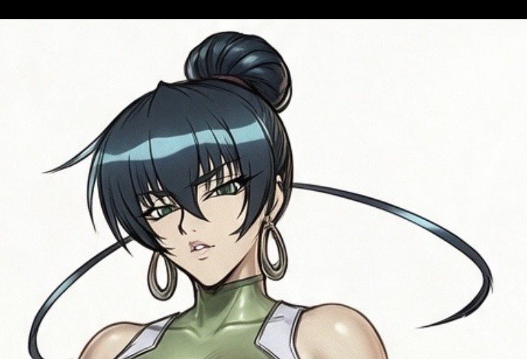 Hand drawn bust portrait of serious anime female character with dark hair bun, hoop earrings, and...