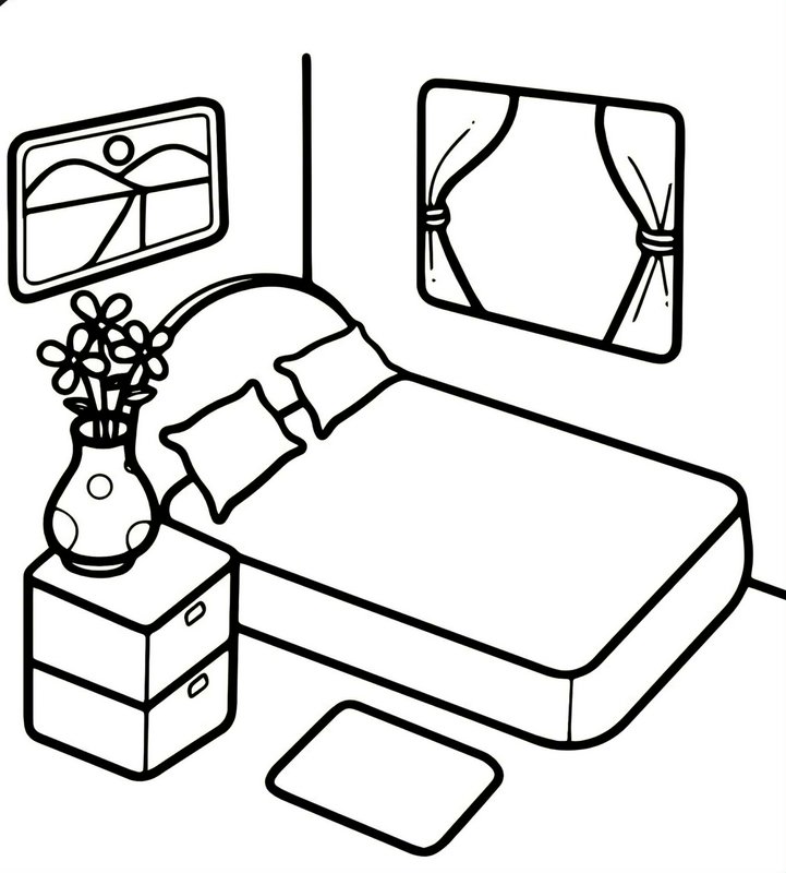 Black and white line art coloring page of a cozy bedroom, featuring a bed, nightstand, flower vas...