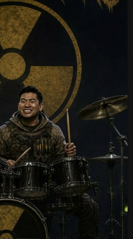 Smiling male drummer in tactical gear plays a drum kit, with a large textured gold radiation symb...