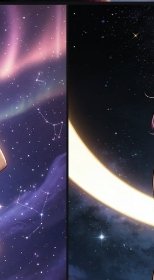 Split panel cosmic space illustration with starry sky, purple-pink aurora nebula, constellation l...