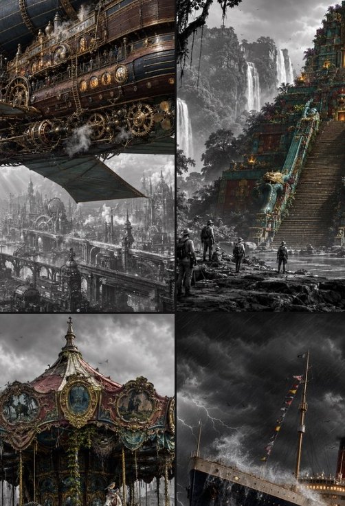 4-panel grid of moody steampunk fantasy illustrations featuring an airship, jungle temple, overgr...