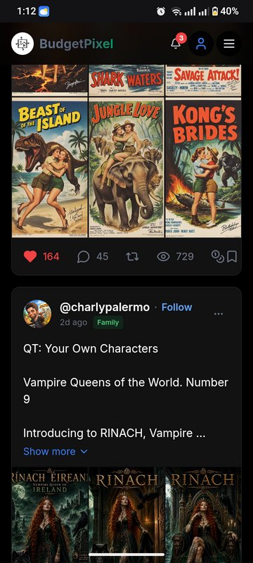 Screenshot of dark mode social media feed showing retro pulp movie posters and gothic vampire cha...