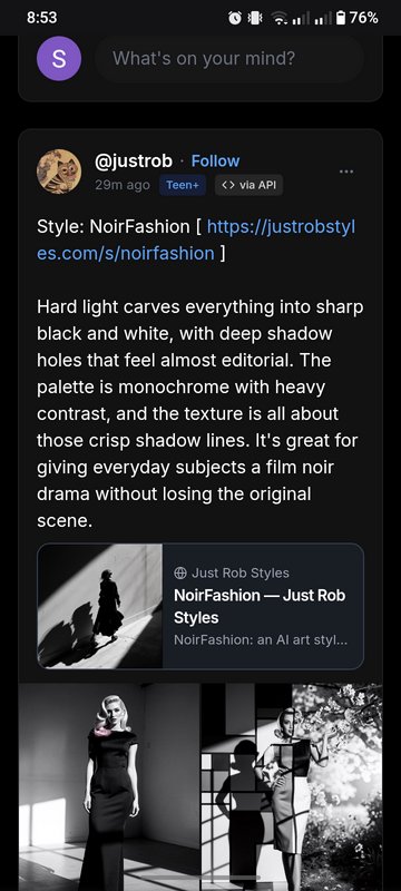[Mobile screenshot of a social media post explaining the NoirFashion AI art style with monochrome fashion sample previews]