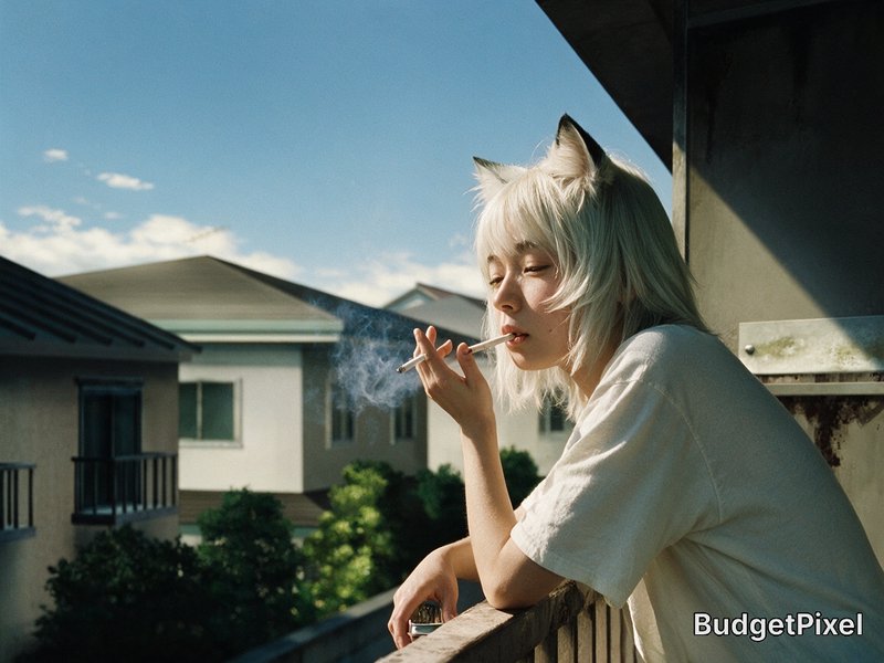 Young cat-eared person with platinum blonde hair smokes while leaning on a sunlit residential bal...