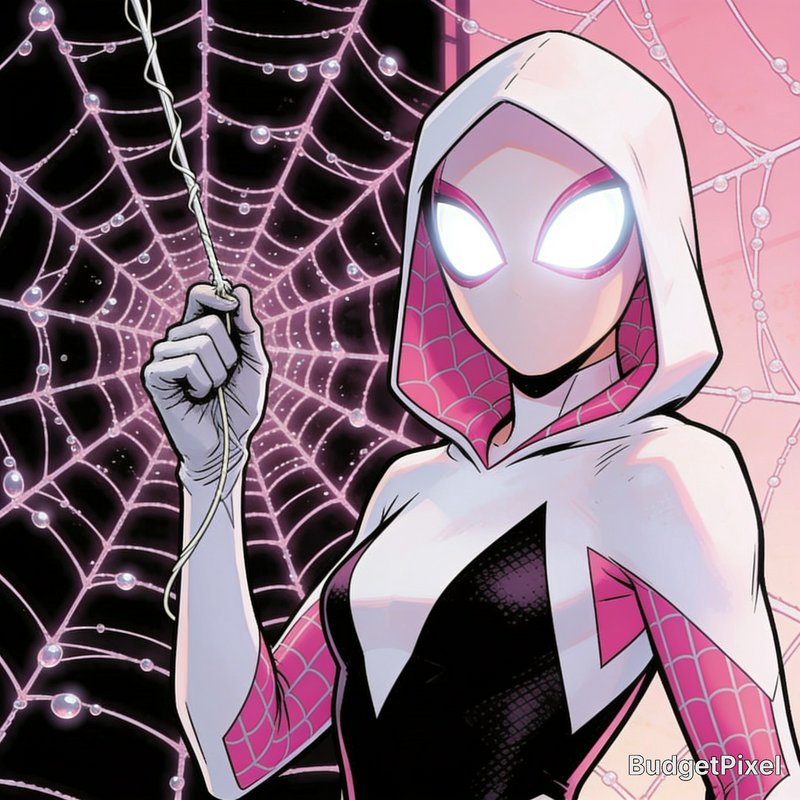 Comic illustration of Spider-Gwen holding webbing, standing before a glistening pink spider web