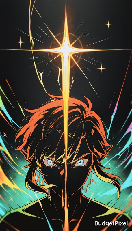 Intense silhouetted anime elf character with orange hair, bisected by a glowing golden star beam ...