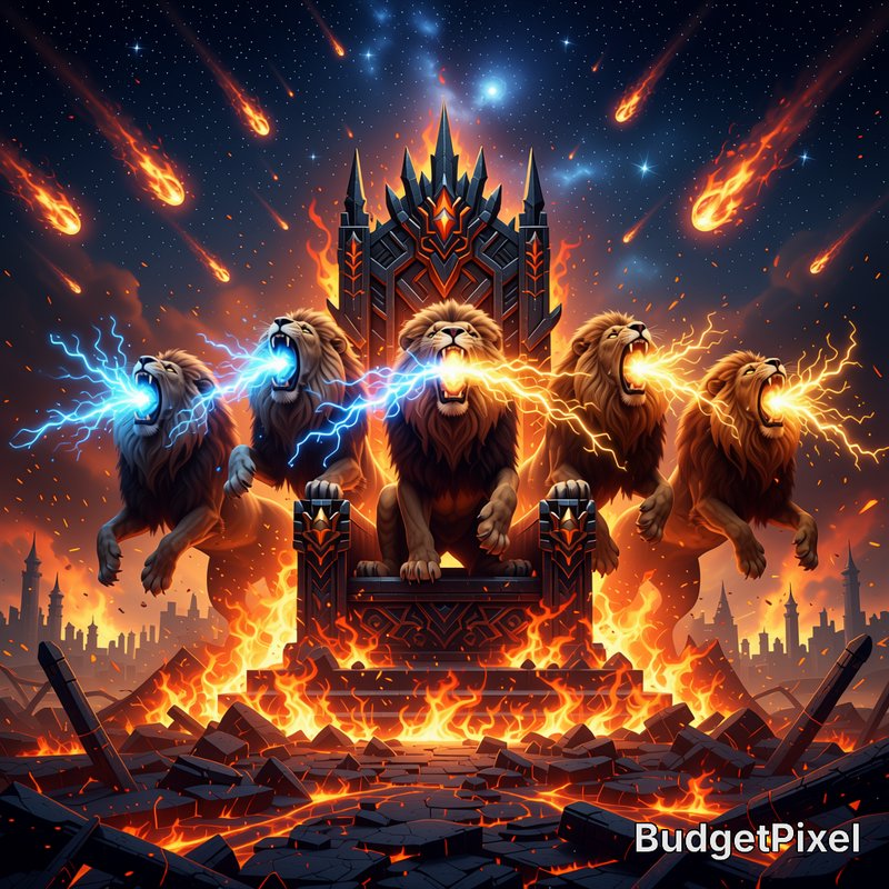 Five roaring lightning-wielding lions surround an ornate spiked throne above burning ruins under ...