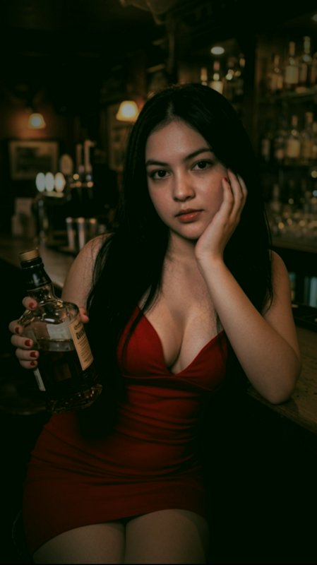 Young woman in a red dress holds a liquor bottle, resting her cheek on her hand at a dim cozy pub...