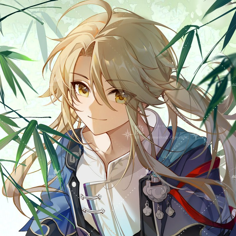Close-up anime portrait of blonde, golden-eyed Yanqing from Honkai: Star Rail framed by green bam...