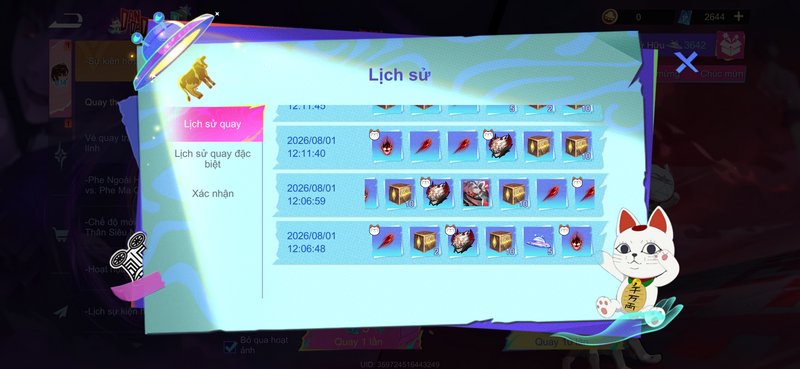 Vietnamese gacha game reward history UI pop-up, showing timestamped past summon pull loot rows wi...