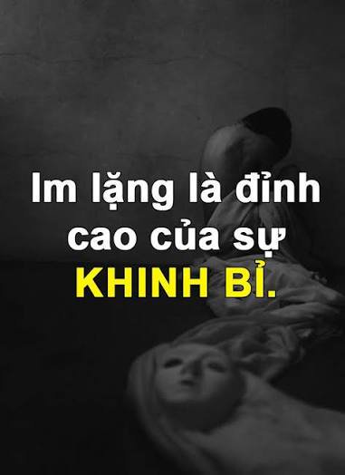 Dark moody grayscale classical art graphic overlaid with bold Vietnamese quote stating silence is...