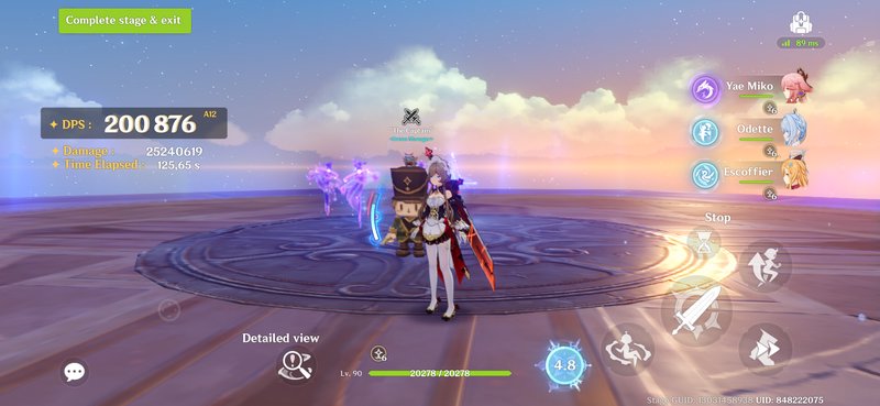 Genshin Impact gameplay screenshot of a DPS benchmark test on a floating combat arena at pastel s...