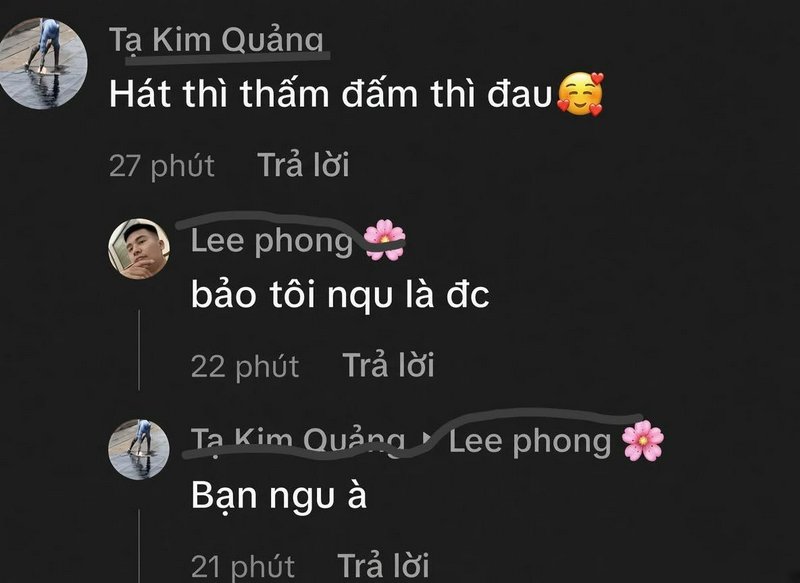 Funny Vietnamese dark mode social media comment thread meme showing playful banter exchange betwe...