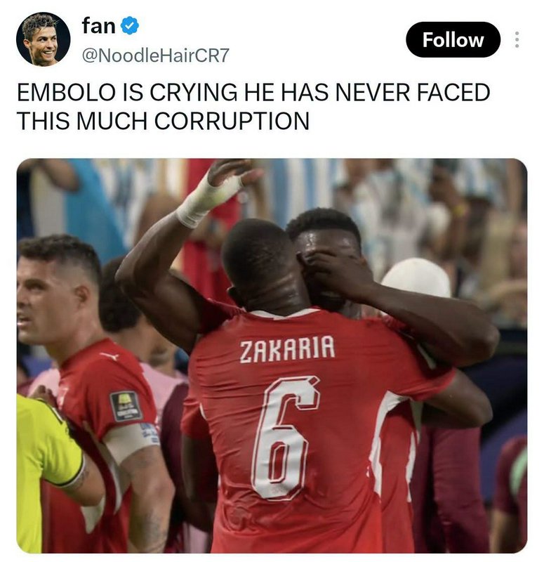 Viral soccer meme tweet showing player Zakaria #6 embracing crying teammate Embolo, text jokes ab...