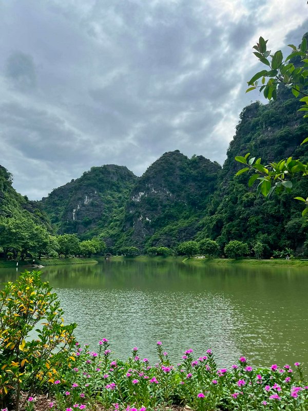 [Calm green lake framed by pink foreground flowers, with lush forested limestone karst peaks under an overcast cloudy sky]