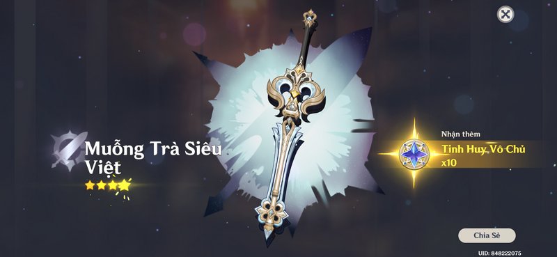 Genshin Impact 4-star weapon pull screen showing ornate gold silver claymore with Vietnamese lang...