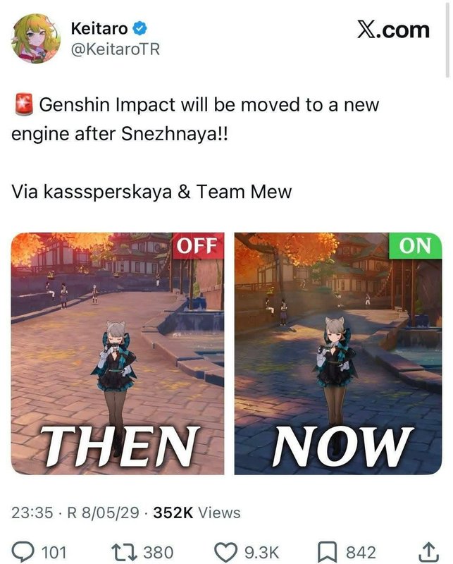 Screenshot of viral X gaming post sharing a Genshin Impact leak, with side-by-side old vs new in-...