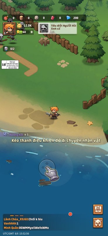 Cartoon idle fantasy RPG mobile game tutorial screen, showing chibi orange-haired swordsman chara...