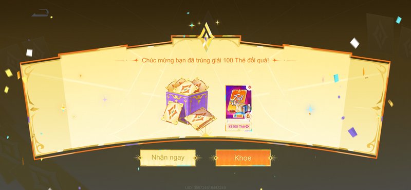 Celebratory Vietnamese mobile game reward popup showing player win of 100 in-game exchange cards ...