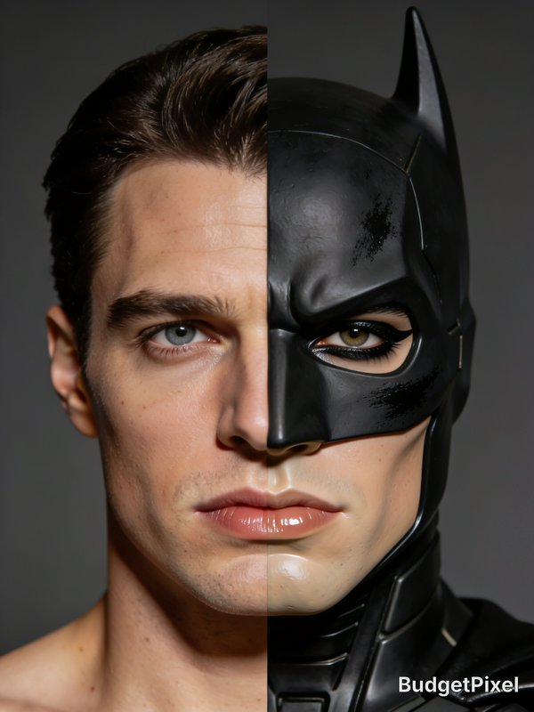 Vertical split portrait showing half unmasked Bruce Wayne, half Batman wearing his signature blac...