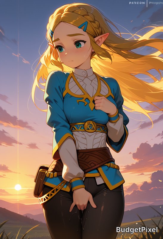 Anime style Princess Zelda fan art standing in a sunlit Hyrule field, wind blowing her long braid...
